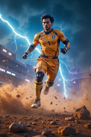 A futuristic mecha soccer player bursts forth from a swirling cloud of dust and debris, muscles rippling beneath gleaming metallic skin as he leaps into mid-air, electric blue lightning crackling across the darkening sky. Framed by the dramatic flash, his determined face stands out in stark relief against vibrant orange and yellow hues set against deep blues and purples.