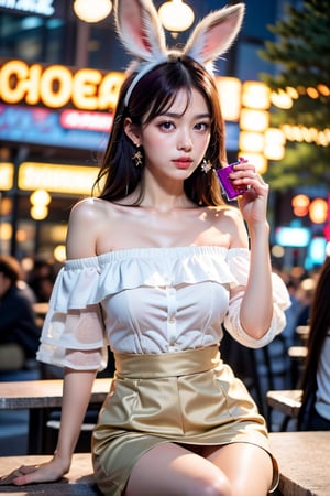 Generate hyper realistic image of a playful woman with bunny ears and an hourglass body, sitting at a table outdoors. Her long, purple hair is adorned with fake animal ears, and her parted bangs frame her face delicately. Dressed in a yellow off-shoulder shirt and a black miniskirt, she holds a cup with a drinking straw, her earrings glinting in the daylight.