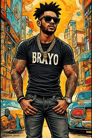 Masterpiece ,black character "Brayo", Ghetto city background,comic style art, he is wearing a black T shirt ,black jeans and sneakers,neck chain jewelry,sunny day , detailed face