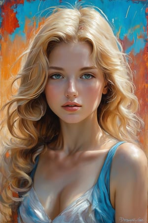 A captivating portrait of a blonde maiden with luscious, big wavy locks framing her radiant face. Behind her, a vibrant abstract watercolor painting by Daniel Gerhartz, titled Rain, adds a pop of color to the serene atmosphere.,Enhance,Realistic Enhance