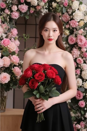 Captured at eye-level, a medium-sized Asian woman, dressed in a black strapless dress, holds a bouquet of vibrant red roses. The woman's face is adorned with a bold red lipstick, adding a pop of color to the scene. The backdrop, a stark stark stark contrast to the woman's dress, is a stark contrast of pink, white, and green flowers. To the left of the woman, a vase filled with more pink roses, adds a touch of warmth to the composition.