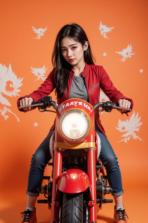 An eye-level shot of a vibrant red motorcycle, adorned with the word "HAYATISIA" in bold white letters. The motorcycle is adorned with a bright yellow and orange design, with a white headlight. The woman is seated on the motorcycle, her long dark hair cascading down her shoulders. She is wearing a long-sleeved red jacket, a gray t-shirt, and blue jeans. Her sneakers are orange and black, adding a pop of color to the scene. The backdrop is a vibrant orange, with white designs on it.