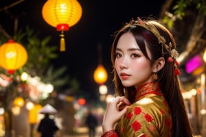 woman, Vietnamese amulet stuck on the forehead, ancient, winter, Vietnam style, lantern ,wonder beauty ,Enhance,Young beauty spirit ,