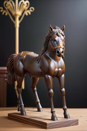 . The picture in this photo features a beautifully crafted bronze statue of a horse. The horse is depicted in a lifelike manner, with intricate details such as its mane, tail, and hooves. The material used to create the statue is likely bronze, which is a durable and long-lasting metal known for its ability to withstand the elements and maintain its appearance over time. The statue is mounted on a wooden frame, showcasing the attention to detail and craftsmanship that went into its creation.