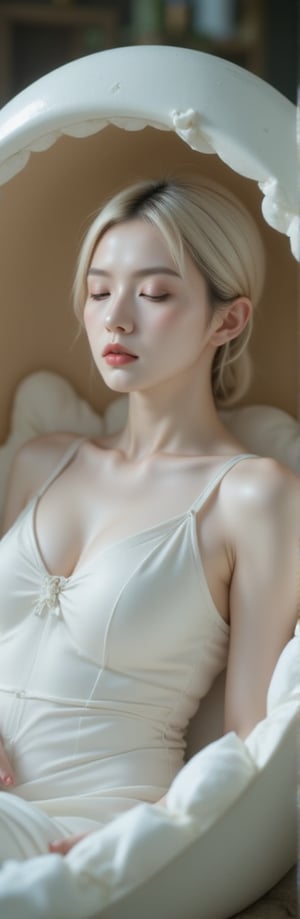 albino demon girl,lounging in an egg-shaped cradle. Her slender figure reclines comfortably within the smooth, curved interior, surrounded by the warmth and security of the eggshell. With eyes closed and a peaceful expression, she appears serene and content, her pale skin glowing softly in the gentle light. Long lashes frame her closed eyes, and her delicate features convey a sense of tranquility and beauty. Despite the unconventional setting, she exudes an aura of quiet grace and otherworldly charm,princess