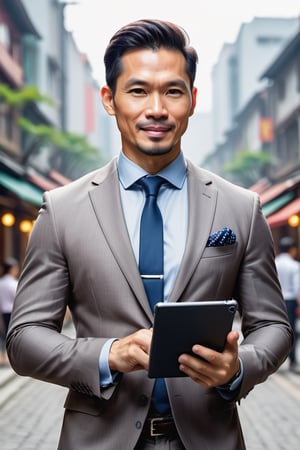 A gentle man, 35 yo, Vietnamese, showing ipad screen displaying a solid with image, wears comfortable suit, fashionista, happy emotions, TDNM,Enhanced All