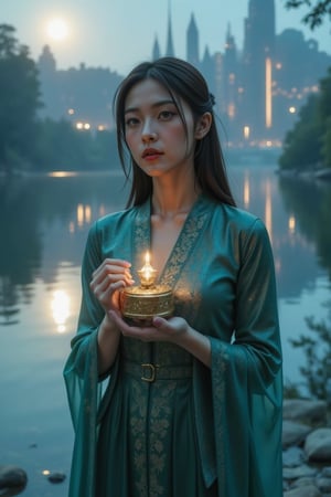 A young woman with porcelain skin and striking emerald green eyes, her dark brown hair styled in loose, effortless waves, stands at the edge of a tranquil, moonlit lake in a fantastical digital utopia, her slender frame draped in a flowing, silk-like cloak of iridescent blues and greens that shimmer in the soft, ethereal light. Her gaze is intense, her full lips pursed in a mixture of curiosity and concentration as she holds a delicate, antique music box, its intricate mechanisms and patterns a testament to the ingenuity of the goblin traders who crafted it. In the background, a dreamlike cityscape of crystalline spires and glittering waterfalls rises above the treetops, its soft, golden light spilling across the lake like a warm, comforting blanket. The atmosphere is one of serene, otherworldly beauty, as if time itself has slowed to a gentle, hypnotic crawl. Shot in a cinematic 2.39:1 aspect ratio, with a subtle, grainy texture that evokes the feel of 35mm film stock, the image is bathed in a soft, warm light that seems to emanate from the very heart of the digital utopia, with a subtle, golden glow that hints at the magic and wonder that lies just beyond the edge of reality.,biological,Art,preidental suite