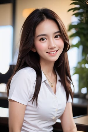 1girl, solo, long hair, looking at viewer, smile, brown hair, shirt, black hair, brown eyes, jewelry, sitting, upper body, short sleeves, necklace, blurry, lips, black shirt, blurry background, facial mark, forehead mark, realisti