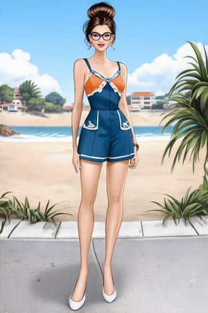 The image depicts a woman standing on a sidewalk in an urban setting. She is dressed in summer holiday outfit, combine colors perrfect.  She is accessorizing with a pair of glasses . Her hair is styled bun. In the background, there's a beach landscape. Realistic Enhance,digital art,Cartoon.