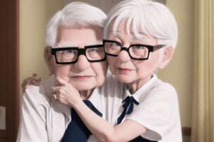 (((masterpiece))),best quality, they are (husband and wife). They are hugging each other.
Husband: about 65yo, wear glasses, white hair
Wife: 62yo, white hair, brown hair, doesn't wear glasses.
,Pixar Up 2009 style,Wonder of Art and Beauty,old_aged Pixar Up 2009 style