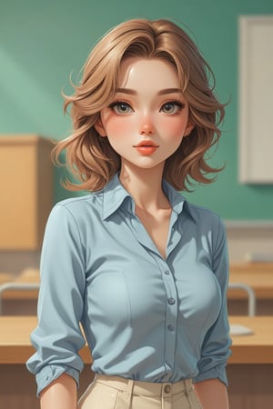 masterpiece, high quality, pore and detailed, intricate detailed, graceful and beautiful textures, vibrant colors, (head to waist portrait), in the classroom, bright atmosphere, girl fused on Imperial-Topaz, cute face, little-smile, detailed eyes, light-brown medium hair, curled bangs, juicy lips, fair oily skin, collared shirt,skirt,