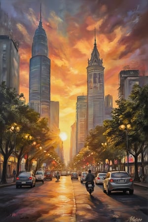 A majestic oil painting captures the essence of Saigon's city center as the sun sets in a kaleidoscope of saffron and crimson hues, illuminating the skyscrapers of ancient architecture with warm golden light. Shadows stretch elegantly across the bustling streets, where luxury and vibrancy entwine amidst the urban landscape.