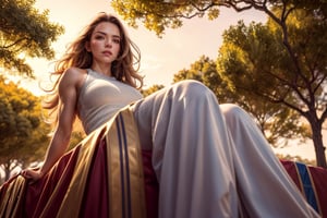 Wide-angle viewed from below, golden hour, golden ratio, hyper-realistic, cinematic results, Photorealism, create an pinterest-like illustration of a beautiful woman seated on a present near a tree, her hair is flowying with the wind, 
she has an athletic body,  bokeh, work of beauty and inspiration, 8kUHD