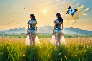 a photograph of a double exposure of a young white skin Vietnamese woman standing in front of a countryside skyline, her silhouette filled with the intricate details of digital illustrations. The Vietnamese symbols matched her dress, transforming her into a patriot goddess with the concrete jungle at her command.,Replay1988,Melody,Perfect skin,Wonder of Beauty,Slender body,Retouch all bugs