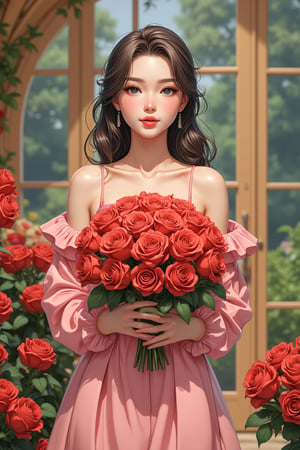 (((Anime style))), In a presidential suite's opulent atmosphere, a stunning teenager stands amidst a lush flower store. The captivating best face ever beams as she cradles a vibrant bouquet of hundreds of tightly clustered red roses. Her dress harmonizes with the flowers' crimson petals and dark green leaves, forming a striking sphere against balanced lighting. Pink accents subtly integrate into the composition as she occupies the top half of the image, surrounded by lush greenery and delicate blooms.