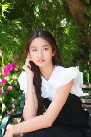 A serene masterpiece captures a young woman in her early twenties sitting on a park bench in high definition (HDR:1.2). Her gentle expression radiates sincerity, framed by lush greenery and vibrant flowers. Soft natural light falls upon her, illuminating the subtle curves of her modern attire and effortless hairstyle. The peaceful atmosphere invites contemplation, as if inviting the viewer to pause and appreciate the simple beauty of this young woman amidst nature's wonder.