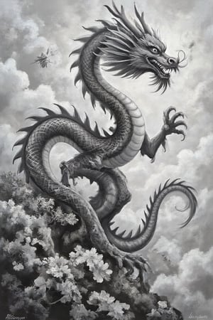 monochrome, greyscale, tree, no humans, dragon, chinese text, architecture, east asian architecture, eastern dragon,Enhanced all