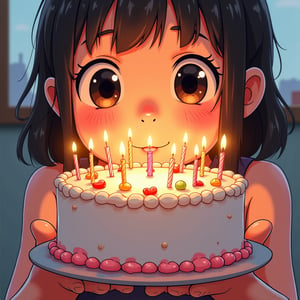 A whimsical anime scene: a big birthday cake with ((((14 sparkling candles)) on the hands of a litttle girl.