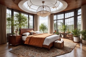 A majestic bedroom sanctuary. A camera pans across the space, capturing the opulence of rich woodwork on the ceiling and dark wooden furniture. The bed, a plush oasis, is swathed in an orange throw blanket and pillows. A lavish area rug, featuring a intricate pattern, adds warmth beneath. Floor-to-ceiling windows frame the lush surroundings, bathing the room in natural light. Potted plants and artwork adorn the space, creating an inviting retreat.