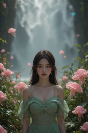 An Asian young woman with long flowing hair, adorned in a delicate emerald green gown, surrounded by a mesmerizing rainforest waterfall environment. She stands amidst a dance of luminescent jellyfish, which glow in hues of pink and blue. The backdrop is a cascading waterfall, punctuated by the soft glow of bioluminescent plants and the gentle mist of water. The woman's gaze is distant, as if lost in thought, while the jellyfish float gracefully around her, creating an ethereal and dreamlike atmosphere.