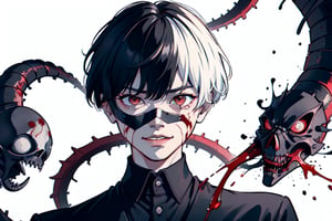 (1boy) portrait, best quality, ultra high res, ultra detailed, black and red, high contrast color tone, extremely detailed lighting, cinematic lighting, soft lights, (masterpiece, high quality:1.4), (kaneki ken, black hair, white hair, red and black eye, mask | teeth, blood eyes, black clothes, scorpio tentacles), , , blood, , black background, thrilling, (fierce face),kaneki ken,Enhance,Golden Inspiration,Ani_Uni,Caricature drawing style