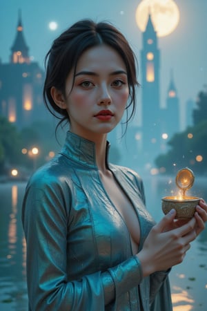 A young woman with porcelain skin and striking emerald green eyes, her dark brown hair styled in loose, effortless waves, stands at the edge of a tranquil, moonlit lake in a fantastical digital utopia, her slender frame draped in a flowing, silk-like cloak of iridescent blues and greens that shimmer in the soft, ethereal light. Her gaze is intense, her full lips pursed in a mixture of curiosity and concentration as she holds a delicate, antique music box, its intricate mechanisms and patterns a testament to the ingenuity of the goblin traders who crafted it. In the background, a dreamlike cityscape of crystalline spires and glittering waterfalls rises above the treetops, its soft, golden light spilling across the lake like a warm, comforting blanket. The atmosphere is one of serene, otherworldly beauty, as if time itself has slowed to a gentle, hypnotic crawl. Shot in a cinematic 2.39:1 aspect ratio, with a subtle, grainy texture that evokes the feel of 35mm film stock, the image is bathed in a soft, warm light that seems to emanate from the very heart of the digital utopia, with a subtle, golden glow that hints at the magic and wonder that lies just beyond the edge of reality.,biological,Art,preidental suite