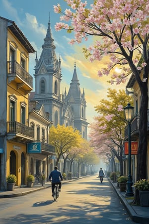 A vibrant depiction of Hanoi's Old Quarter at dawn, with optimistic hues of sunshine yellow and sky blue. The winding streets are adorned with cherry blossom trees in full bloom, their delicate petals fluttering gently in the morning breeze. The iconic St. Joseph's Cathedral stands tall, its stone façade glistening with dew, as a solitary cyclo pedaller makes his way through the quiet streets.