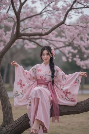 breathtaking ethereal RAW photo of female (Masterpiece, beautiful details, perfect focus, uniform 8K wallpaper, high resolution, exquisite texture in every detail, ((Simple background: 1.5)), break 1 girl, solo, blue eyes, clear deep eyes, , happy, , long hair, blush, smile, black hair, hair ornament, sitting, whole body, braid, flowers, Japanese clothes, hair Flowers, wide sleeves, kimono, tree, sash, obi, floral pattern, sandals, cherry blossoms, pink flowers, branches, kimono, sitting on a tree branch, wind, falling cherry blossom petals,Anime

 )), dark and moody style, perfect face, outstretched perfect hands . masterpiece, professional, award-winning, intricate details, ultra high detailed, 64k, dramatic light, volumetric light, dynamic lighting, Epic, splash art .. ), by james jean $, roby dwi antono $, ross tran $. francis bacon $, michal mraz $, adrian ghenie $, petra cortright $, gerhard richter $, takato yamamoto $, ashley wood, tense atmospheric, , , , sooyaaa,IMGFIX,Comic Book-Style,Movie Aesthetic,action shot,photo r3al,bad quality image,oil painting, cinematic moviemaker style,Japan Vibes,H effect,koh_yunjung ,koh_yunjung,kwon-nara,sooyaaa,colorful,roses_are_rosie,armor,han-hyoju-xl
