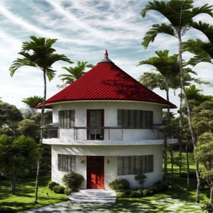 A round house, 2 floors, Conical ((((red)))) tile roof ,  in the middle of a green space, masterpiece, details, wonderful architectural image, brown door, blue glasses, white wall, black stell upstairs,Wonder of Art and Beauty, raw photo, masterpieces ,Round house,bird 's-eye view,luxury interior