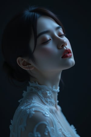 A close-up portrait: A stunning young woman's face fills the frame, her features rendered in soft focus against a dark background. Dimly lit, her ethereal skin glows like moonlit porcelain, highlighting delicate neck and shoulder curves. Her expression balances vulnerability and seductiveness as she poses, inviting the viewer to linger on her enigmatic beauty. The overall mood evokes a sense of mystery, reminiscent of ink-inspired brushstrokes and trending artstation styles.