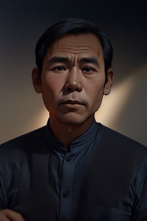 Moody portrait of a Vietnamese man, circa 1980. He sits calmly, gazing directly into the lens with a Mona-like serenity. His smooth face, free from whiskers (râu ria), is illuminated by soft, warm lighting that accentuates his gentle features.