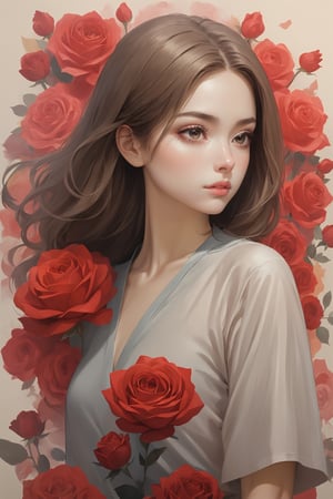 Create a modern-styled sketch portrait in silk textured paper of a gentle lady inspired by mix colors roses and love, utilizing the vibrant color palettes and sleek lines reminiscent of the works by Chinese contemporary artist Zhang Xiaogang, background is full of roses abstracts,xxmix_girl