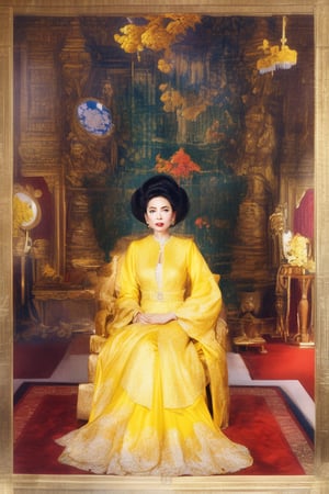 The Queen Mother of Vietnam in 1940, 50 years old, wore an ancient, yellow, luxurious outfit, in a room that exuded the nobility and authority of the dynasty, raw photo, realistic,Realistic Enhance