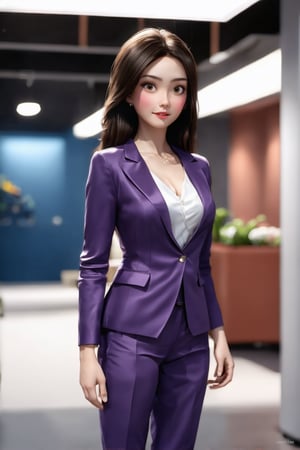 The image depicts a woman standing in an indoor setting that resembles an office environment. She is dressed in a purple business suit consisting of a blazer and matching trousers, which are tight-fitting and complement her slender figure. The blazer has a V-neckline and a single visible button closure. Her long hair is styled down, and she appears to be wearing makeup that accentuates her features. The background is neutral with a grey floor, and there's a hint of a white ceiling with lighting fixtures above. There is no discernible context or background story provided within the image itself.,Realistic Enhance,pixar style