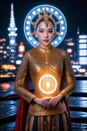 A majestic bald figure, adorned with circular patterns and intricate designs, stands proudly in front of a sleek, modern cityscape. The subject's traditional attire shines with golden and red motifs, highlighting their high status or ceremonial significance. A glowing orb held in hand emits a soft blue light, serving as the focal point amidst the futuristic background. The ancient traditions and technological elements blend harmoniously, conveying a sense of legacy, power, and enlightenment.,Enhanced Realistic,Asian Best Face Ever,Supreme Realistic