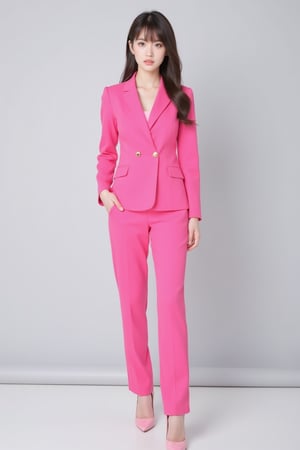 a vibrant pink suit stands against a stark white backdrop. The suit is adorned with two gold buttons, adding a touch of luxury to the outfit. The woman's hair is styled in a sleek bob, with long bangs, cascading down to her shoulders. She's wearing a pair of pink high-heeled shoes, her hair is pulled back in a ponytail. The backdrop is a muted gray, creating a stark contrast to her outfit.,High school,Teenager