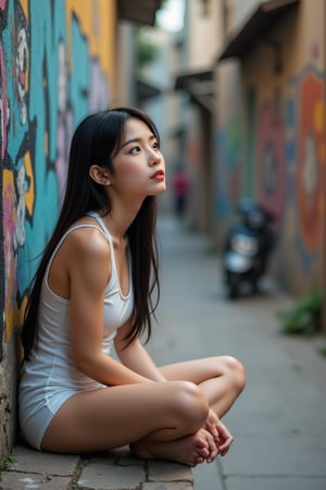 A Vietnamese young girl, with long black hair and bright brown eyes, sits cross-legged on a worn stone bench, surrounded by vibrant graffiti-adorned walls of a bustling city alleyway. Soft morning light casts a warm glow on her gentle features, highlighting the subtle texture of her skin as she gazes out at the urban landscape, the concrete jungle's chaotic energy contrasting with her serene contemplation. Her quiet confidence and introspective expression convey a sense of resilience and hope in the midst of uncertainty, her delicate profile set against a kaleidoscope of colors and artistic expressions, embodying the duality of life's beauty and struggle.