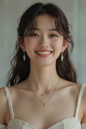 Beautiful, soft light, (beautiful and delicate eyes), very detailed, pale skin, big smile, (long hair), dreamy, medium chest, female 1, ((front shot)), bangs, soft expression, height 170, elegant , Bright smile, 8k art photo, photorealistic concept art, realistic, person, small necklace, small earrings, fantasy, jewelry, shyness, dreamy soft image, masterpiece, ultra high resolution, skirt, shirt, jacket, color , (both eyes (He gently closes his eyes, raises his head slightly, and appears absorbed in pleasant thoughts),dragon,hot body