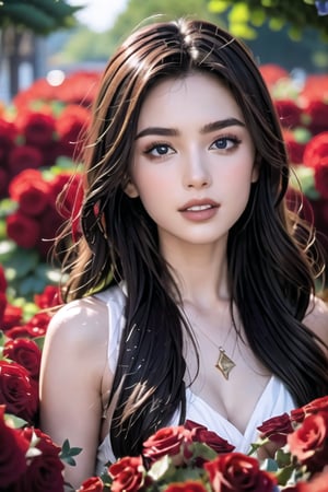  beautiful red roses and an explosion of red rose petals, creating a stunning scene that captures the essence of the celebration. a beautiful cute young attractive aussie teenage girl, village girl, 18 years old, cute, Instagram model, long brunette hair, big eyes,