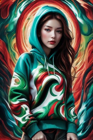 A stunning portrait of a young woman dressed in a vibrant, multicolored hoodie with swirling patterns of green, Red, black, white, and teal. Her long, flowing hair cascades down her shoulders, complementing the intricate design of her outfit. The background mirrors the psychedelic patterns of her attire, creating a seamless, mesmerizing effect. The woman's expression is calm and confident, her gaze directed towards the viewer. The overall scene exudes a sense of bold, artistic flair and modern fashion.,pixar style,Enhance,Supreme