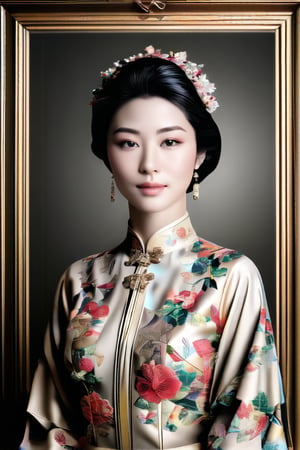 The image depicts a person with East Asian features, likely female, adorned in an elaborate costume that suggests a blend of traditional and contemporary fashion. The costume includes floral patterns and pastel colors, which are complemented by intricate jewelry. The background is subdued with a hint of elegance, featuring a golden frame that adds to the luxurious feel of the scene. The overall impression is one of sophistication and stylized beauty.,Truly Asian Beauty