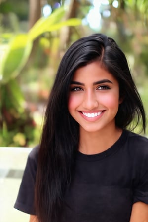 22 year old south-asian girl with beautiful thin, sharp and long face having wavy, dense, long and thick black hairs, light smiling through light pink lips wearing black tshirt with garden in background,Extremely Realistic