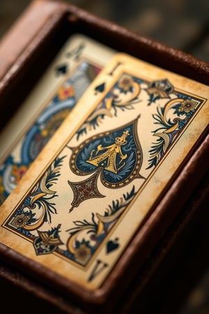 Close-up shot of intricately designed playing cards, with ornate illustrations of mythological creatures and regal symbols adorning each card. Soft, golden lighting illuminates the delicate designs, casting a warm glow on the richly textured cardstock. The camera frames the cards within a worn, leather-bound case, with hints of antique patina adding to the vintage charm.