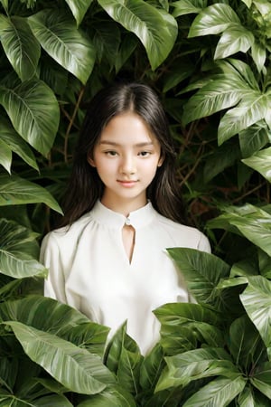 In the image, a young woman is the central figure, surrounded by lush green foliage that suggests a natural, possibly tropical environment. Her attire is minimalistic, with a white garment that adds to the serene and untouched aesthetic of the photograph. The woman's gaze is directed towards the camera, and we can see her made-up perfectly face with detailed. The leaves encircling her create a frame around her face, emphasizing her presence while also drawing attention to the rich textures and colors of the surrounding vegetation. The overall impression is one of harmony between the subject and her environment, captured in a moment of quiet beauty.,1girl