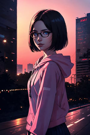 (masterpiece), best quality, high resolution, highly detailed, detailed background, perfect lighting,light blue eyes, medium breasts, cinematic, movie,  1student council girl with glasses and short hair in a pink hoodie (((on a highway at night with city in the background))), (((minimal light, dark moody atmosphere, cinematic,urban landscape))),Makeup,Enhance,SGBB,Wonder of Art and Beauty,wonder beauty ,Ani_Uni,Sketch