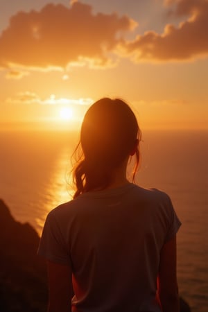 mujer joven viendo la puesta del sol