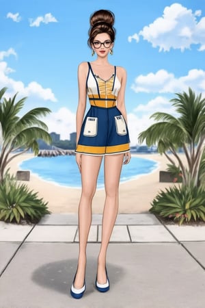 The image depicts a woman standing on a sidewalk in an urban setting. She is dressed in summer holiday outfit, combine colors perrfect.  She is accessorizing with a pair of glasses . Her hair is styled bun. In the background, there's a beach landscape. Realistic Enhance,digital art,Cartoon.