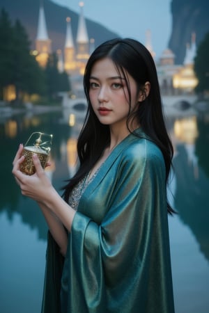 A young woman with porcelain skin and striking emerald green eyes, her dark brown hair styled in loose, effortless waves, stands at the edge of a tranquil, moonlit lake in a fantastical digital utopia, her slender frame draped in a flowing, silk-like cloak of iridescent blues and greens that shimmer in the soft, ethereal light. Her gaze is intense, her full lips pursed in a mixture of curiosity and concentration as she holds a delicate, antique music box, its intricate mechanisms and patterns a testament to the ingenuity of the goblin traders who crafted it. In the background, a dreamlike cityscape of crystalline spires and glittering waterfalls rises above the treetops, its soft, golden light spilling across the lake like a warm, comforting blanket. The atmosphere is one of serene, otherworldly beauty, as if time itself has slowed to a gentle, hypnotic crawl. Shot in a cinematic 2.39:1 aspect ratio, with a subtle, grainy texture that evokes the feel of 35mm film stock, the image is bathed in a soft, warm light that seems to emanate from the very heart of the digital utopia, with a subtle, golden glow that hints at the magic and wonder that lies just beyond the edge of reality.,biological,Art