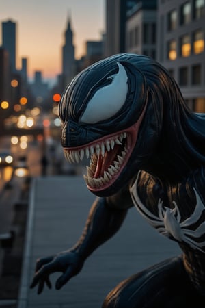 A close-up shot of Venom's eerie, scaly face, with a menacing gaze and razor-sharp teeth, set against a dark, gritty cityscape at dusk. The lighting is dim, with only faint streetlights illuminating the urban chaos. Venom's pose is one of calculated menace, his body tense and coiled like a spring ready to strike.