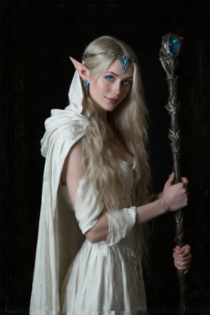 Mysterious Elf Maiden - A sultry pinup-inspired artwork depicts a striking blonde-elf woman solo, indoors, with long hair cascading down her back, framing her enigmatic smile and piercing blue eyes that lock onto the viewer's gaze. She stands confidently in front of a dark, ornate backdrop, adorned in a flowing white dress with armor-like details, a hooded cape billowing behind her like mist. Her pointy ears and delicate earrings showcase her elven heritage. In one hand, she holds a staff, its intricate design glistening like the watermark on her circlet, adding mystique to this enchanting scene.